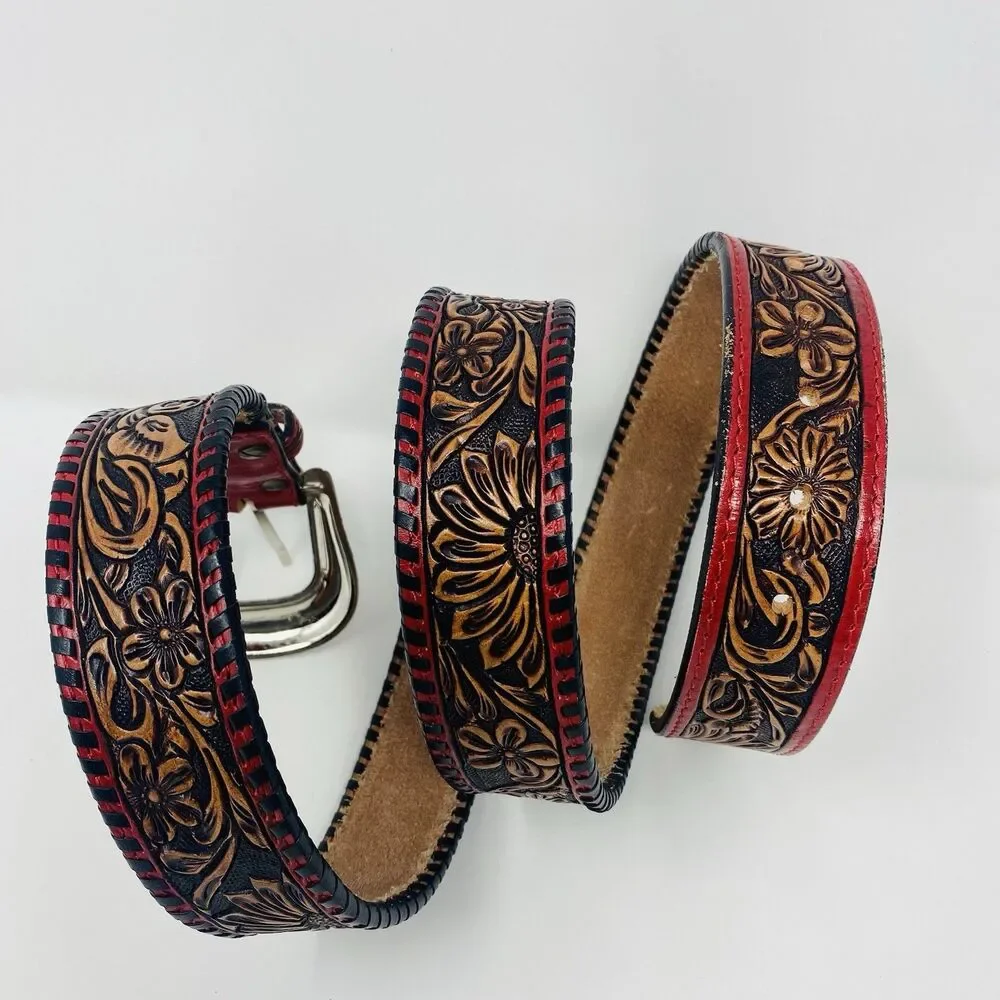 American Darling 44 Red Floral Hand Tooled Leather Belt Western Unisex USA Rodeo